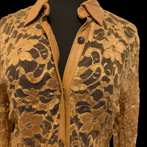 B&J Lace Blouse with Genuine Leather Trim - Picture 2 of 16